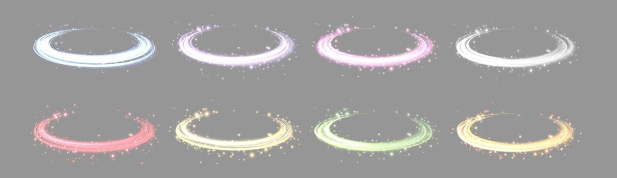Glowing magic rings set. Neon realistic energy flare rings with sparkling particles. Abstract light effect on a grey background. illustration. vector