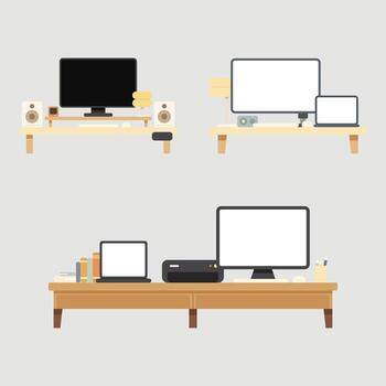 Flat design illustration of modern computer desk setup. Minimal and clean design for office, home workspace, technology, or productivity concept. vector