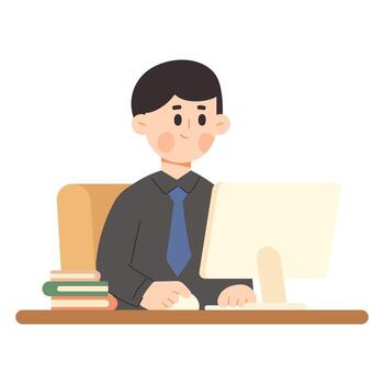 Flat design illustration of a young man working at a computer. Working spaces concept. Flat cartoon character illustration vector