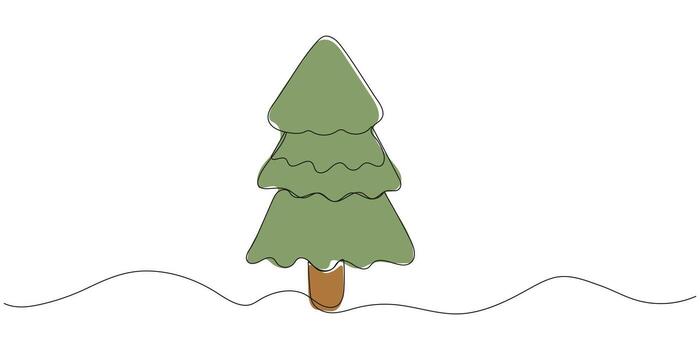One continuous line drawing of Christmas tree with star on top. Festive pine plant and gift box in simple linear style. vector