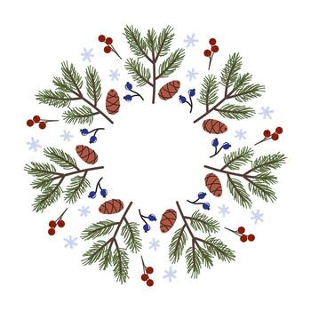 invierno guirnalda diseño con pino sucursales, conos, y bayas en un circular modelo vector