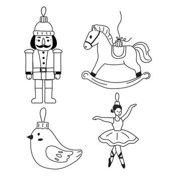 decorativo fiesta adornos presentando un cascanueces, balanceo caballo, ballet bailarín, y pájaro en sencillo línea Arte estilo vector