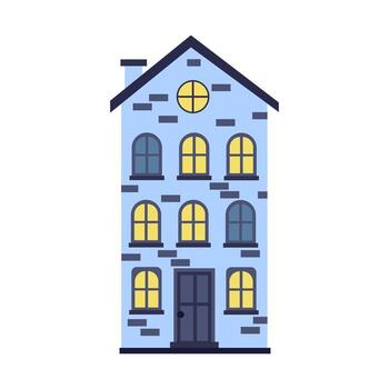 Blue house with yellow windows in a minimalistic design showcasing simple architecture at dusk vector