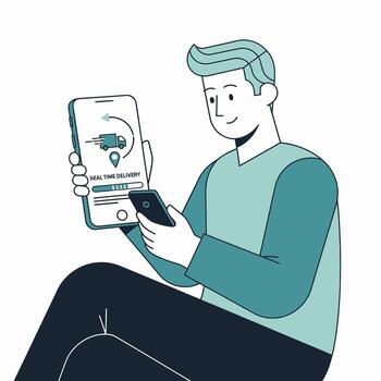 Man using smartphone for online delivery service tracking. vector