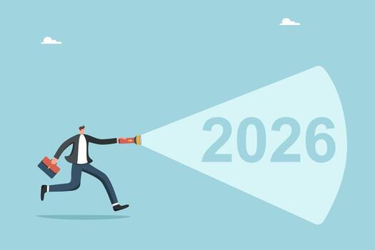 Man runs with flashlight towards 2026 vector