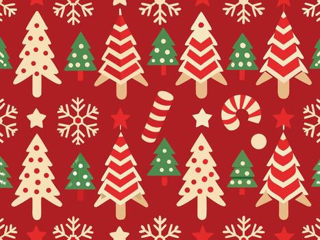 Whimsical christmas tree and snowflake pattern on red background vector