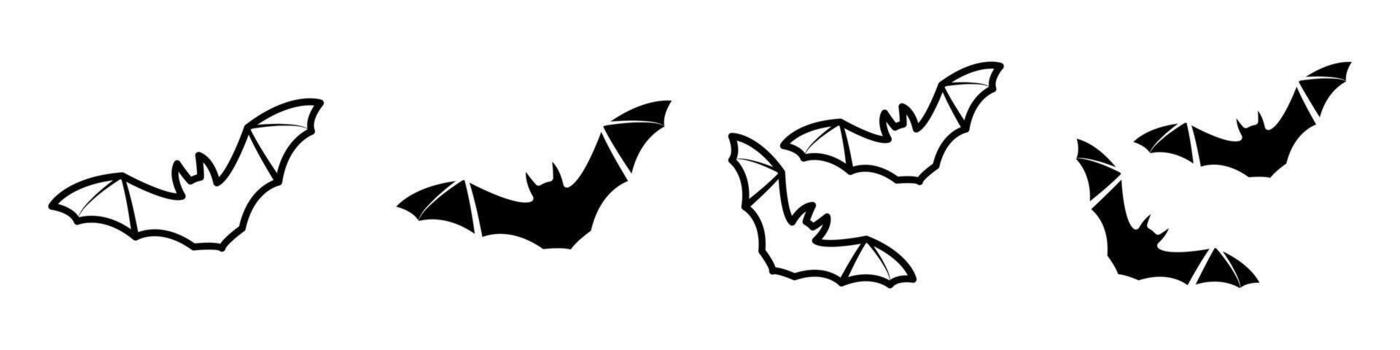 Bat icon set. This illustration features a simple line art drawing of various bats in flight. The silhouettes depict the bats' distinctive shape. A design element ideal for Halloween or wildlife theme vector