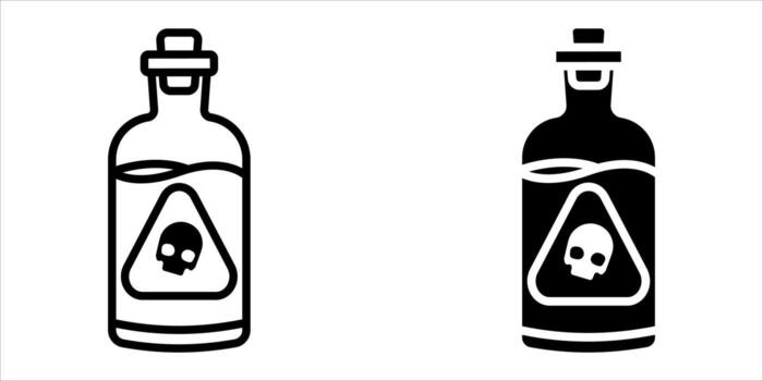 veneno icono colocar. dos minimalista línea Arte ilustraciones de un veneno botella. cada botella contiene un triangular etiqueta con un cráneo símbolo, aislado en un blanco antecedentes. vector