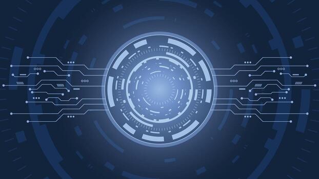 moderno tecnología antecedentes presentando brillante circular interfaz y conectado circuito líneas en azul tonos Perfecto para tecnología presentaciones y digital innovación diseños vector