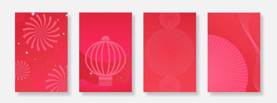 Red gradient Chinese New Year poster background set. Luxury cover template with firework, Chinese lantern, fan and geometric design. Suitable for greeting card, invitation vector