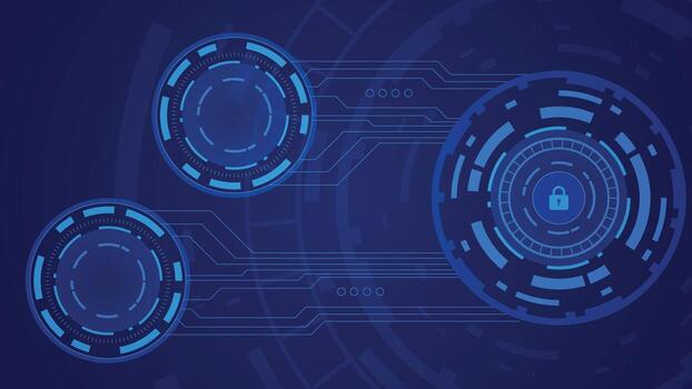 moderno tecnología antecedentes presentando brillante azul círculos, digital circuitos, y un seguridad bloquear icono simbolizando datos proteccion, ciber defensa, y en línea intimidad conceptos vector