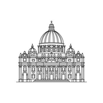 Black and white line art of a grand dome building with columns architecture classical vector