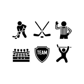 Hockey player referee puck sticks net and team shield icons ice hockey vector
