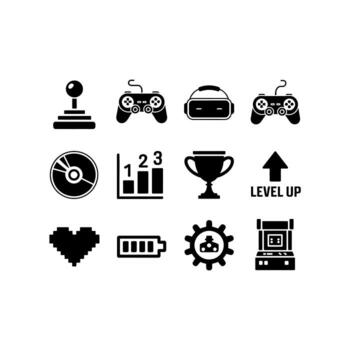 Collection of black game icons on white background gaming controller vector