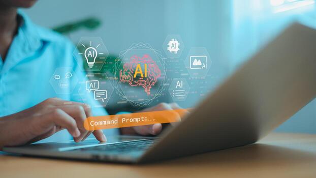 Artificial intelligence technology concept with AI icons and human using laptop for coding and innovation photo