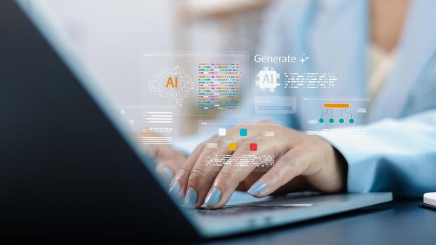 mujer de negocios utilizando ordenador portátil con ai y máquina aprendizaje interfaz para datos análisis y digital innovación concepto foto