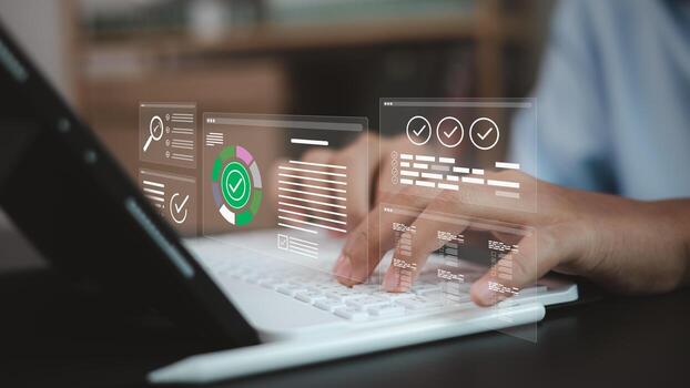 Business professional using digital dashboard with data management and workflow automation technology photo