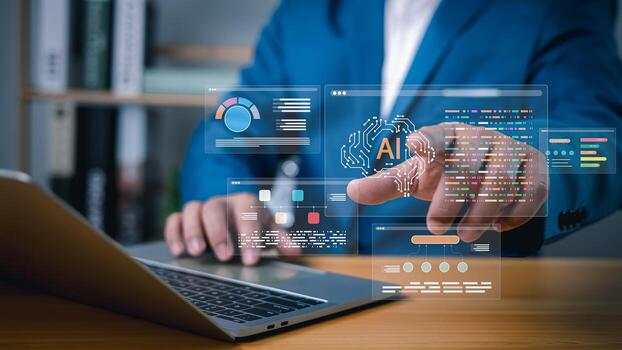 Artificial intelligence and data analysis. businessman using laptop with AI virtual interface and analytics dashboard photo