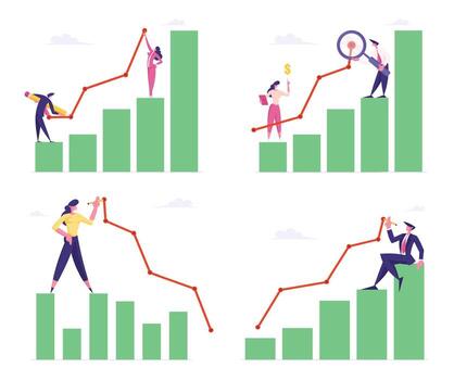 Set of Business Men and Women Stand on Column Chart Drawing Curve Line. Businesspeople Working on Growth Data Analysis Arrow Graph, Financial Profit Statistic Diagram. Cartoon Flat Illustration vector