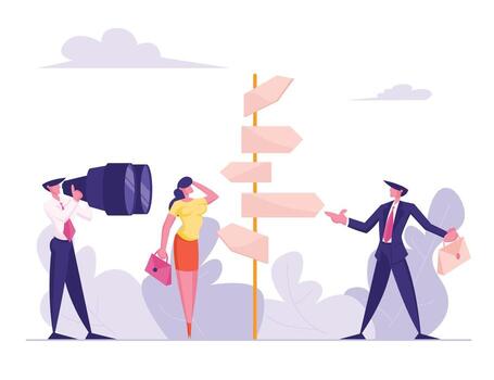 Choice Way Concept with Confused Business People Stand at Road Pointer with Hard and Easy Directions, Making Decision what Path to Choose. Crossroad Life Challenge Cartoon Flat Illustration vector