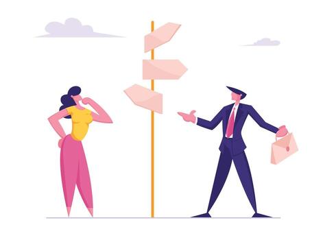 Business Challenge and Task Solution Choice Way Concept with Businessman and Businesswoman Stand on Crossroad Fork Pointer Making Decision what Road Direction Choose. Cartoon Flat Illustration vector