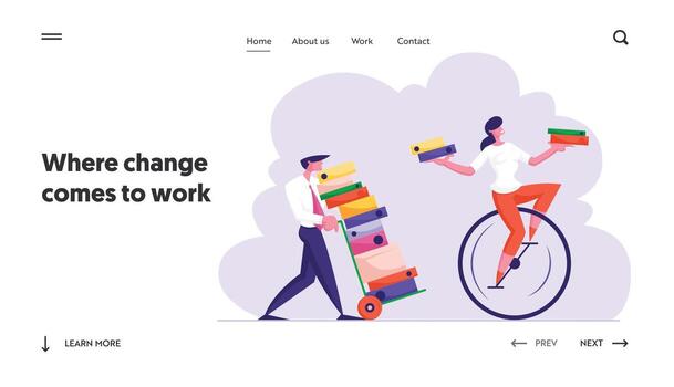 Business Man Pushing Trolley with Huge Heap of Documentation Following Woman Riding Monowheel with Folders Files in Office Website Landing Page. Web Page Banner. Cartoon Flat Illustration vector