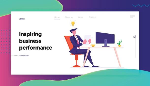 Work Employment Website Landing Page. Businessman Sitting at Computer Monitor Writing Resume for Searching Job and Interview to Business Company. Web Page Banner. Cartoon Flat Illustration vector