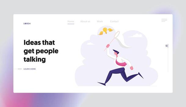 Business Man Searching Inspiration Creative Idea Website Landing Page. Businessman Chasing Flying Light Bulb Trying to Catch it with Butterfly Net Web Page Banner. Cartoon Flat Illustration vector