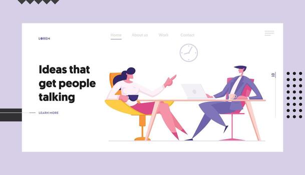 Business People Team Discussing Working Project Development Website Landing Page. Characters Sitting in Office Drinking Coffee and Communicating Web Page Banner. Cartoon Flat Illustration vector