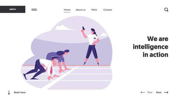 Leadership Challenge Website Landing Page. Business Competition with Business People Stand in Low Start Posture Prepare to Run Waiting Judge Gun Signal Web Page Banner Cartoon Flat Illustration vector