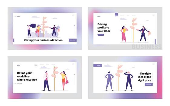 Crossroad and Choice Way Concept Website Landing Page Set. Confused Business People Stand at Road Directions Pointer Make Decision what Path to Choose Web Page Banner. Cartoon Flat Illustration vector