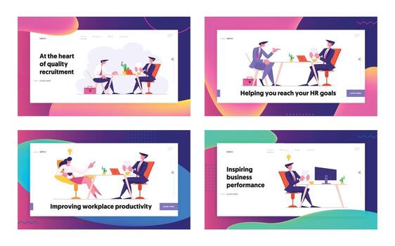 Job Interview Website Landing Page Set. Selection Committee Manager Ask Questions to Applicant Candidate About Work History Skill Expertise Experience Web Page Banner. Cartoon Flat Illustration vector