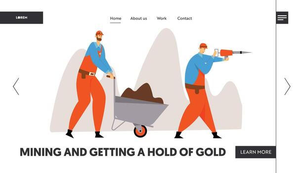 Coal or Minerals Mining Website Landing Page, Workers with Jackhammer and Wheelbarrow with Soil. Miners at Work. Extraction Industry Profession Work Web Page. Cartoon Flat Illustration, Banner vector