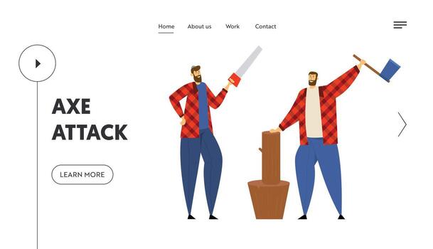 Woodcutters Website Landing Page, Couple of Lumberjack Standing in Different Poses Hold Axe and Saw in Hands. Worker Lumber with Wooden Log on Stump Web Page. Cartoon Flat Illustration, Banner vector