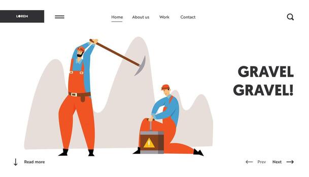 Miners Characters at Work Website Landing Page. Workers in Uniform with Pickaxe and Dynamite Mining Coal or Minerals, Extraction Industry Occupation Web Page. Cartoon Flat Illustration, Banner vector