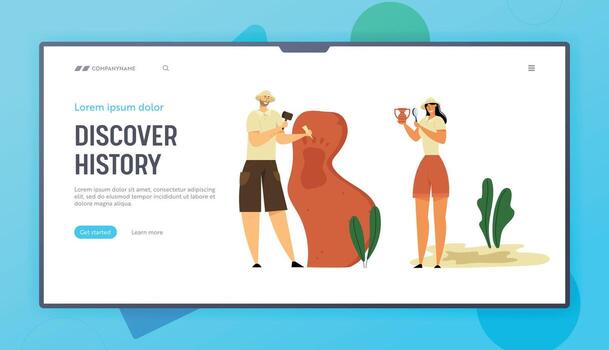 Archeologists Exploring Ancient Footprint Website Landing Page, People Studying Ancient History, Scientists Working on Excavations with Equipment, Web Page. Cartoon Flat Illustration, Banner vector