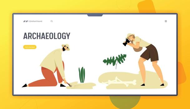 Archeologists, Paleontology Website Landing Page, Scientists Working on Excavations, Digging, Exploring and Photographing Ancient Dinosaurs Artifacts Web Page. Cartoon Flat Illustration, Banner vector