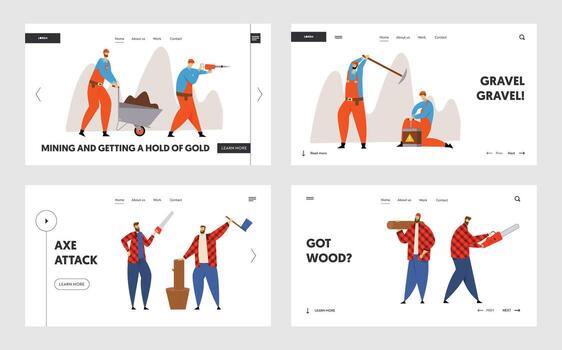 Woodcutters and Miners Occupation Job Website Landing Page Set. Lumberjacks Working with Axe and Saw, Workers with Pickaxe and Dynamite Mining Coal Web Page Banner. Cartoon Flat Illustration vector