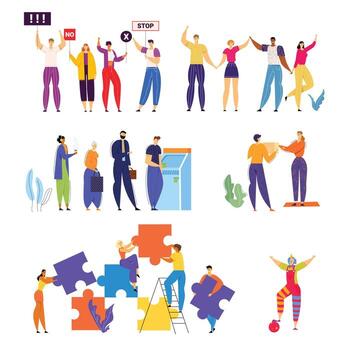Set of Men and Women Take Part in Demonstration with Banners in Hands, Using ATM Machine in Bank, Giving Presents. Teamwork Business People Set Up Puzzle, Clown Actor. Cartoon Flat Illustration vector