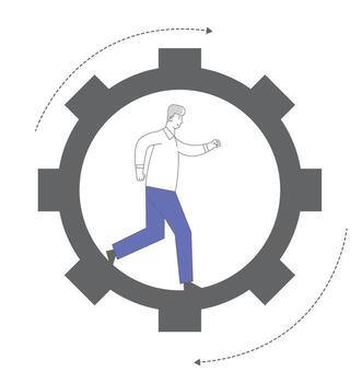 Tiny Male Character Running Inside of Huge Gear Set in Motion Cogwheel Mechanism, Hard Working Businessman Time or Working Process Concept. Man Workaholic Routine Cartoon Flat Illustration vector