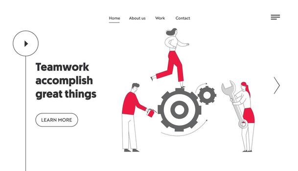 Alternative Thinking, Team Working Process Website Landing Page. Tiny Business People Generating Ideas Set in Motion Huge Cogwheels Gears Mechanism Web Page Banner. Cartoon Flat Illustration vector