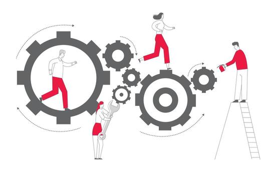 Tiny Men and Women Characters on Ladders with Repair Tools and Instruments Fixing Huge Broken Clocks and Watches Mechanism Made of Gears and Cogwheels, Time Concept. Cartoon Flat Illustration vector