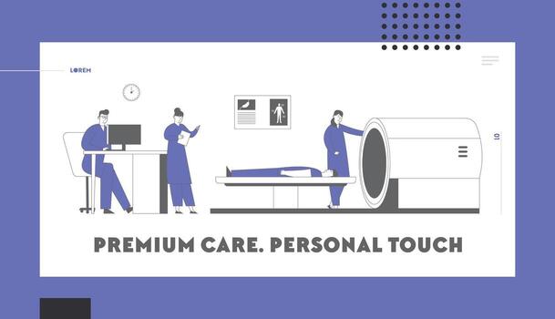 Magnetic Resonance Imaging Website Landing Page. Doctor Looking at Results of Patient Brain Scan on Screen in Front of Mri Machine with Man Lying Down Web Page Banner. Cartoon Flat Illustration vector