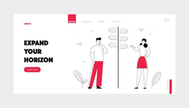 Business Challenge and Task Choice Way Concept Website Landing Page. Businessman and Businesswoman Stand on Crossroad Fork Pointer Making Decision Web Page Banner. Cartoon Flat Illustration vector