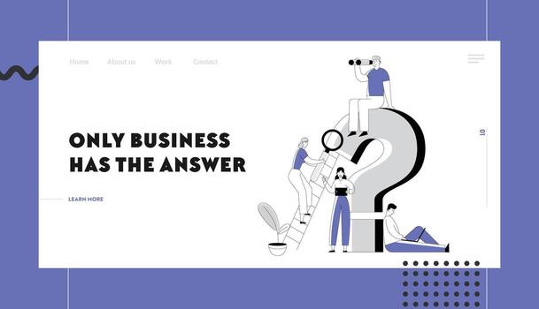 Frequently Asked Questions Website Landing Page. Business People around Huge Question Mark Searching Information with Magnifying Glass and Gadgets Web Page Banner. Cartoon Flat Illustration vector