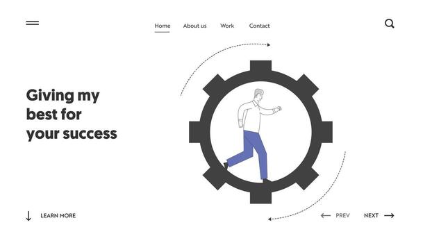 Working Process Website Landing Page. Tiny Male Character Running Inside of Huge Gear Set in Motion Cogwheel Mechanism, Businessman Workaholic Routine Web Page Banner. Cartoon Flat Illustration vector