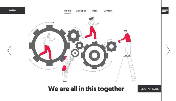 Time Concept Website Landing Page. Tiny Characters on Ladders with Repair Tools and Instruments Fixing Huge Mechanism Made of Gears and Cogwheels Web Page Banner. Cartoon Flat Illustration vector