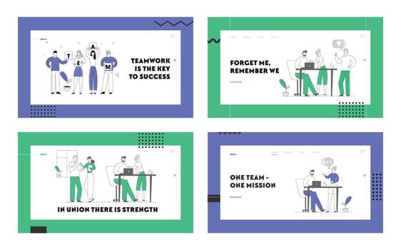 Teamwork and Brainstorm Website Landing Page Set. Businesspeople Team Project Development, Creative Process in Office. Business People Discussing Idea Web Page Banner. Cartoon Flat Illustration vector