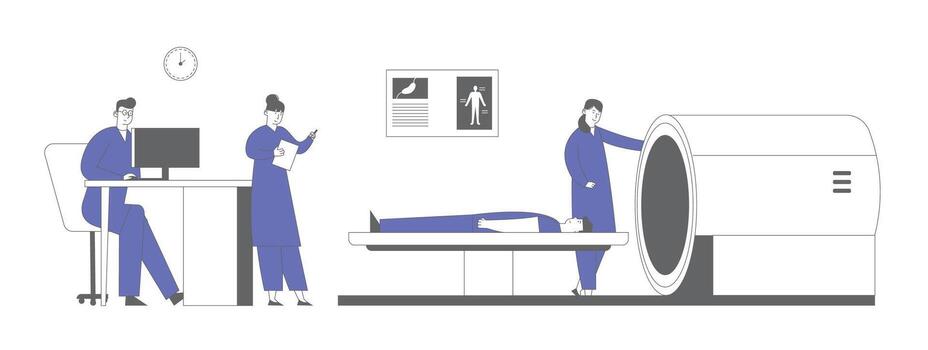 médico mirando a resultados de paciente cerebro escanear en computadora monitor pantalla en frente de mri máquina con hombre acostado abajo y enfermeras estar cerca en hospital. dibujos animados plano ilustración línea Arte vector