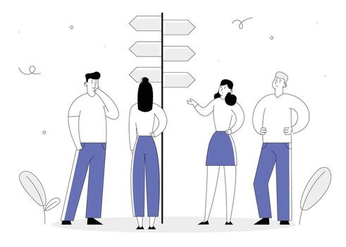 Choice Way Concept with Business People Stand at Road Pointer with Hard and Easy Directions, Making Decision what Path to Choose. Crossroad, Challenge Cartoon Flat Illustration Line Art Style vector
